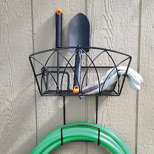 Black Powder-Coated Steel Hose Hanger with Shelf: 100 ft Capacity