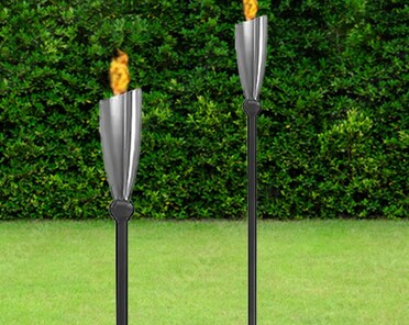 Set of Two Stainless Steel Garden Torches: Extendable Tiki