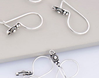 Sterling Silver Ear Wires, 925 Solid Silver Earring Hooks, Oxidized Silver Flower Ear Wires, Earrings Making Supply, Jewelry Findings, M40