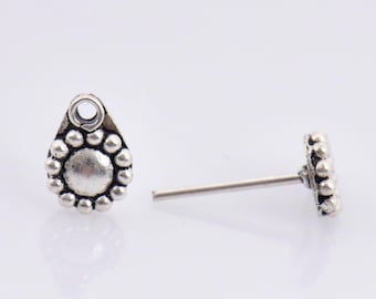925 Sterling Silver Flower Ear Post, Antique Silver Flower Earring Studs with Loop, Solid Silver Earring Posts, Jewelry Making Findings, M52
