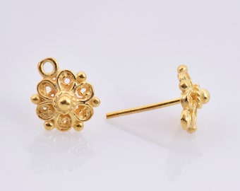 24K Gold Vermeil Flower Ear Post, 925 Solid Silver Flower Earring Studs with Loop, Gold Plated Earring Posts, Jewelry Making Findings, VM50