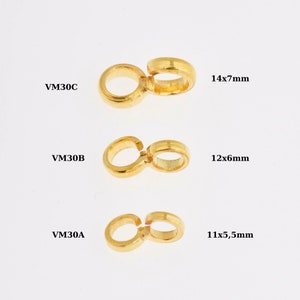 Pode incluir: Três anéis de salto de metal dourado em tamanhos diferentes. O anel maior é etiquetado como "VM30C 14x7mm", o anel do meio é etiquetado como "VM30B 12x6mm" e o anel menor é etiquetado como "VM30A 11x5,5mm".