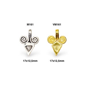 May include: Two metal pendants, one silver and one gold, with a triangular shape and two spiral designs on top. Both pendants are 17x12.5mm in size. The silver pendant is labeled M161 and the gold pendant is labeled VM161.
