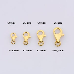 May include: Four gold-colored lobster claw clasps in varying sizes. Each clasp has a spring-loaded mechanism and a small ring for attaching to jewelry. Sizes are 9x5.5mm, 11x7mm, 13x8mm, and 16x9.5mm. The clasps are labeled VM54A, VM54B, VM54C, and VM54D.