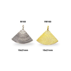 May include: Two metal pendants, one silver and one gold, shaped like a fan with a textured surface. Both pendants are 19x21 mm in size. The silver pendant is labeled M160 and the gold pendant is labeled VM160.