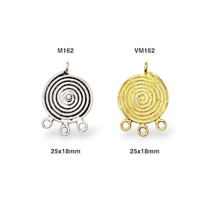 May include: Two silver and gold spiral pendant charms with three jump rings. The charms are 25mm x 18mm. The silver charm is labeled M162 and the gold charm is labeled VM162.