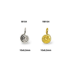 May include: Two silver and gold spiral charm pendants, each measuring 10x6.5mm. The silver pendant is on the left and the gold pendant is on the right. The pendants are both in the shape of a spiral.