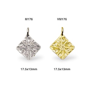 May include: Two square pendants with a sunburst design. The pendant on the left is silver and the pendant on the right is gold. Both pendants measure 17.5 x 13 mm.