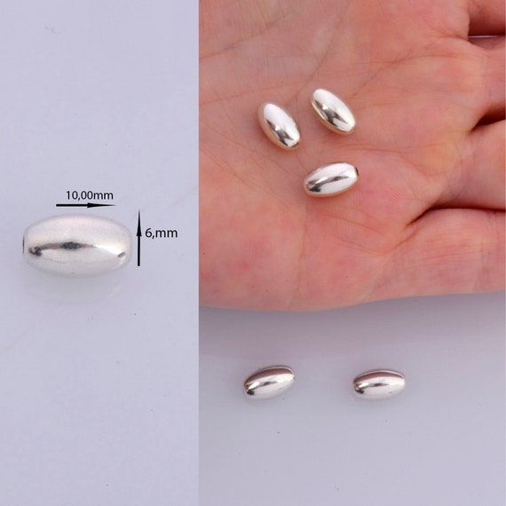 Sterling Silver Oval 10x6mm Beads, Solid 925 Rice Beads, Seamless