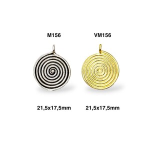 May include: Two silver and gold pendants with a spiral design. The pendants are 21.5x17.5mm. The silver pendant is labeled M156 and the gold pendant is labeled VM156.