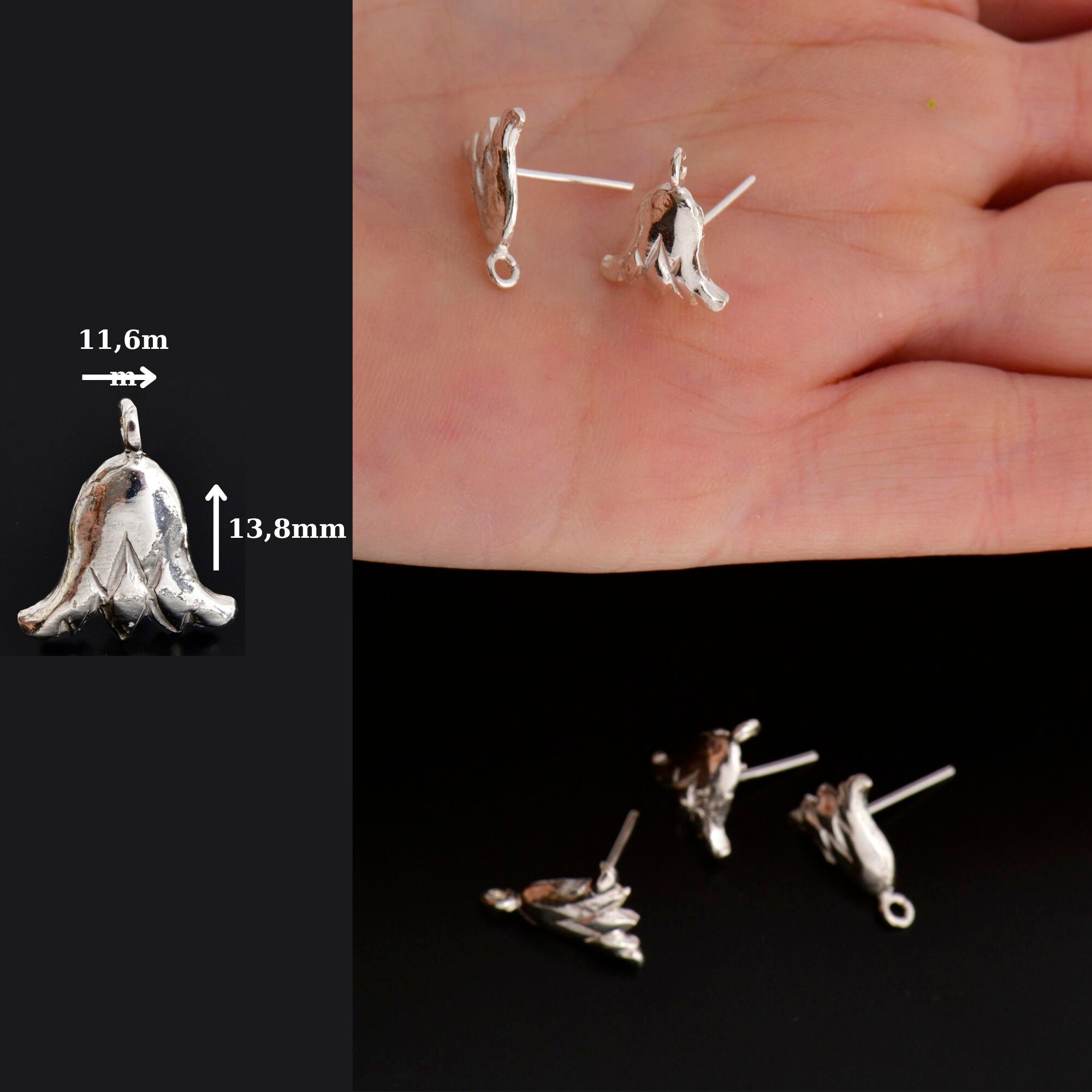 925 Sterling Silver Flower Earring Posts, Solid Silver Tulip Stud