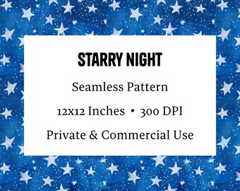 Starry Night Sky Digital Pattern - Festive Winter Stars Seamless Background, 12x12&quot; 300 DPI PNG Download