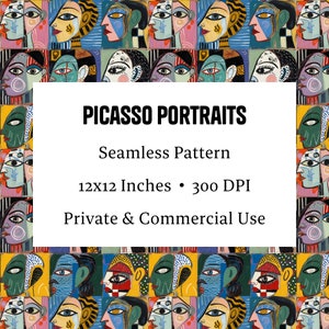 Picasso Portraits Seamless Pattern - High-Resolution Cubist Faces Digital Background