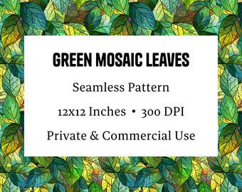 Green Mosaic Leaves Seamless Pattern - High-Resolution Stained Glass Texture for Digital Download