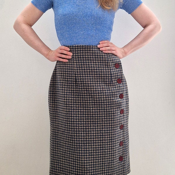 1950s Checked Houndstooth Wool Button Up Pencil Wiggle Skirt Medium UK 10 12