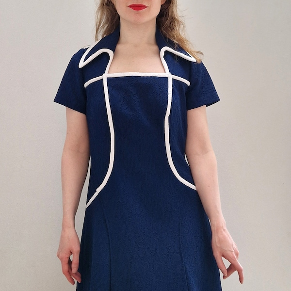 1960s Vintage 'Ruth Eisenheisser' Unusual Textured Collared Navy Blue Short Sleeved Dress with White Piping Medium Large UK 12-14