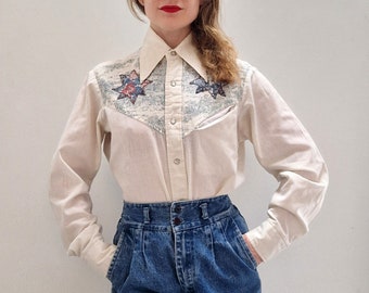 1970s Vintage Western Style Shirt Blouse with Dagger Collar and Patchwork Quilted Applique Off White Medium UK 10 12