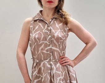 1960s Vintage Horrockses Fashions Light Brown/Fawn and White Abstract Print Cotton Sleeveless Sun Dress Midi Dress Medium UK 12