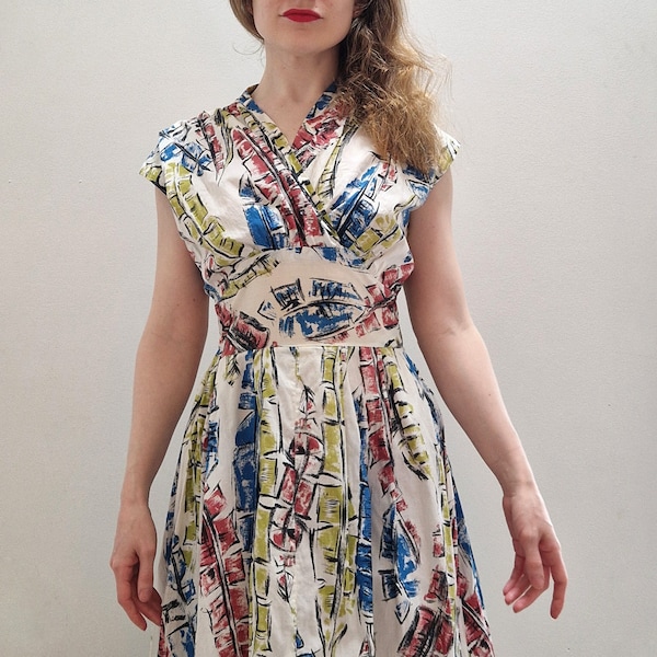 1940s Vintage Cotton Sun Dress Summer Dress Red, White Blue and Green Novelty Print Ferns Feathers Small UK 8-10