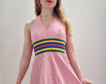 1960s Vintage Pink and Rainbow Textured Cotton Halter Mini Dress Small