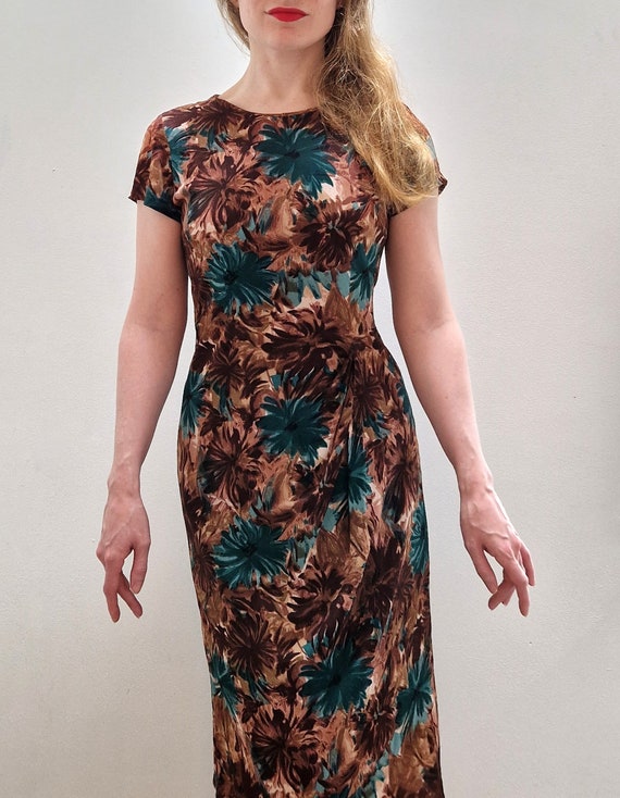 1950s Brown and Turquoise Floral Print Rayon Jersey Dress, UK 8-10 - Etsy