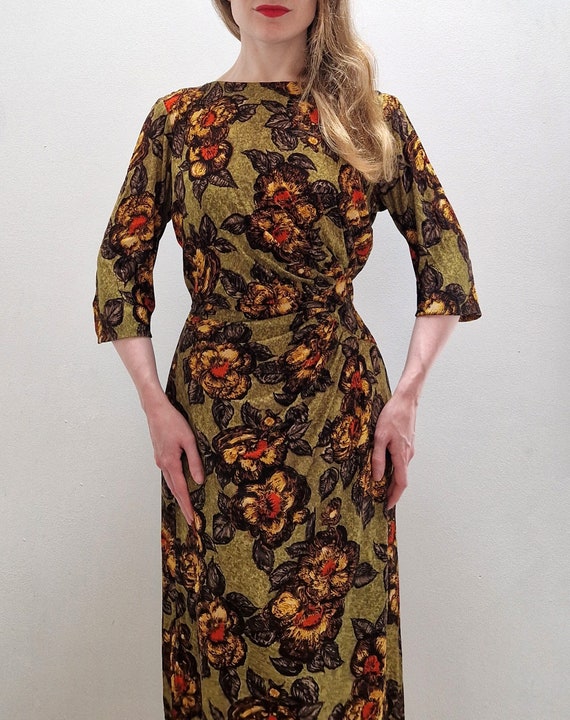rayon jersey dress 1940s Vintage Floral Rayon Jersey Dress With Belted Back, UK 8-10