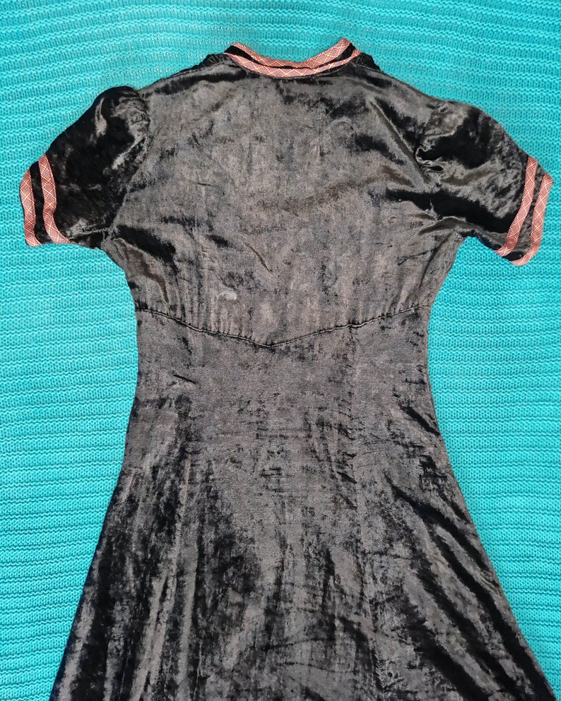 Late 1940s Hand Embroidered Black Velvet Fitted Dress