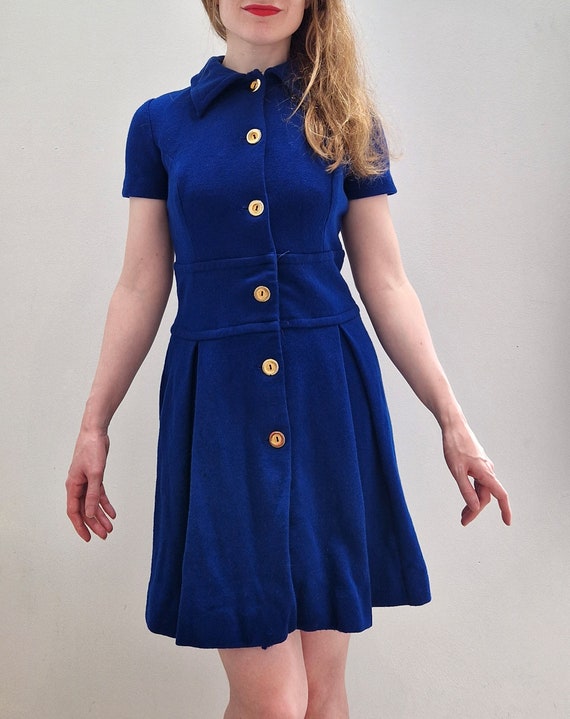 butte knit dress 1960s 'Butte Knit' Fitted Button Down Royal Blue Wool Mini Small Medium Collection_Spring26