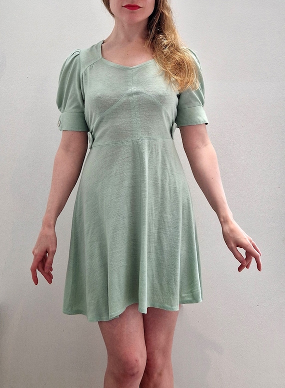 1960s Vintage Cotton Jersey Mint Green Puff Sleev… - image 1