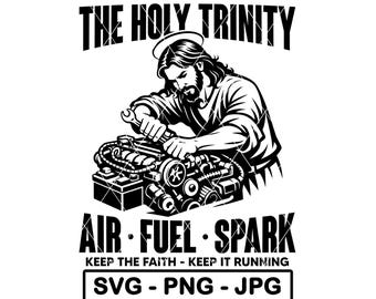 Santísima Trinidad SVG Mecánico Jesús Reparando Motor Humor Cristiano PNG JPG Archivo de Corte