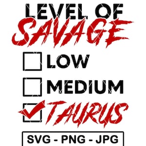 May include: A red and black graphic with the text "Level of Savage" and a checklist with the options "Low", "Medium", and "Taurus" checked.