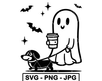 Divertido café fantasma paseando perro SVG Halloween mascota humor PNG JPG archivo de corte