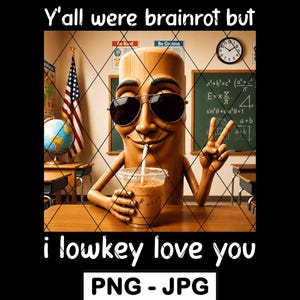 May include: An illustration of a smiling, anthropomorphic cinnamon roll wearing sunglasses, holding an iced coffee, and making a peace sign. The image includes the text "Y'all were brainrot but i lowkey love you."