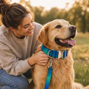 May include: A golden retriever dog wearing a blue and green ombre collar and leash. The collar has a silver metal buckle. The dog is sitting in a grassy area.