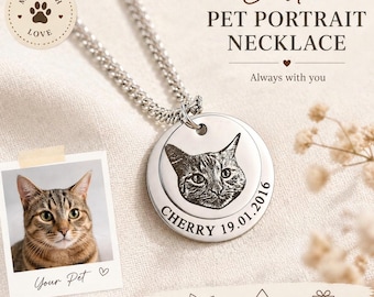 Custom Pet Portrait Necklace, Engraved Pet Photo Disc Pendant, Dog Memorial Coin Jewelry, Cat Loss Gift, Personalized Dog Mom Keepsake