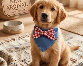 Schattige hondenbandana met geruite strik, drukknoop kattenslabbetje, denim huisdiersjaal, puppyhalsdoek, kittenaccessoires, cadeau huisdierliefhebber
