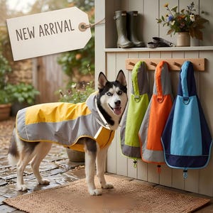 以下が含まれることがあります： 黄色とグレーの反射トリムが付いた犬用レインコートを着たシベリアンハスキー。上のタグには「新着」と書かれています。緑、オレンジ、青のフード付き犬用レインコートが3つ、木製のラックに掛けられています。