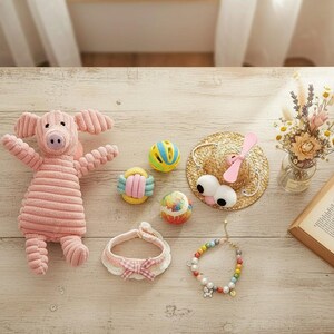 May include: A collection of pet accessories and toys, including a pink plush pig, colorful balls, a straw hat with googly eyes and a propeller, a dog collar with a bow, and a beaded bracelet with charms. The items are arranged on a light wooden surface.