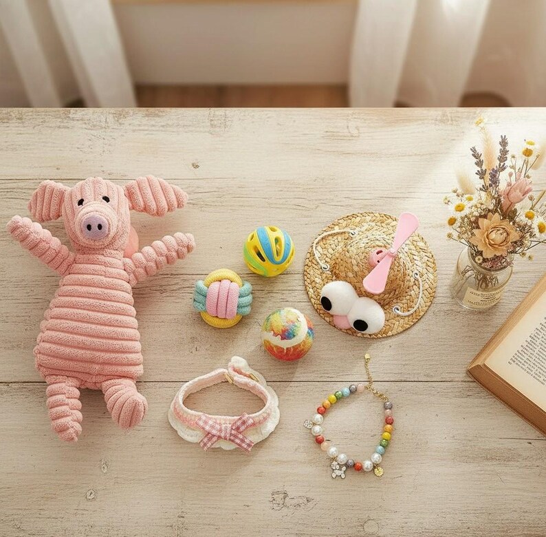 May include: A collection of pet accessories and toys, including a pink plush pig, colorful balls, a straw hat with googly eyes and a propeller, a dog collar with a bow, and a beaded bracelet with charms. The items are arranged on a light wooden surface.