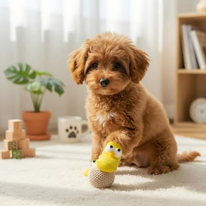 May include: A small, brown-haired puppy sits on a white rug, holding a yellow and beige dog toy. The toy has a sock-like design with a cartoon face. A potted plant and a mug with a paw print are in the background.