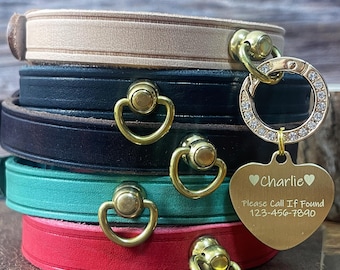 Genuine Leather Pet Collar and Leash Set, Perfect for Cats and Small Dogs. Customizable Nameplate with Multiple Color Options.