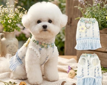 Floral Dog Harness Dress, Cottagecore Puppy Vest, Breathable Pet Clothes, Boho Fringe Cat Shirt