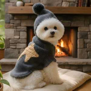 May include: A small white dog wearing a gray knit sweater and matching hat with a pom-pom. The sweater features a tan star on the back. The dog is sitting on a cream-colored pillow in front of a fireplace.