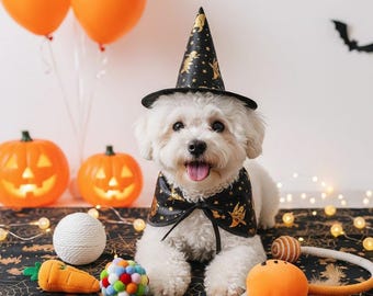 May include: A white dog wearing a black witch hat and a matching cape, both decorated with gold star and witch patterns. The dog is positioned among various Halloween-themed toys, including a plush carrot, a colorful ball, and a pumpkin toy.