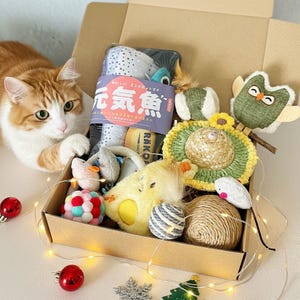 Op de afbeelding: Een kartonnen doos gevuld met kattenspeelgoed, waaronder een pluche uil, een gele eend en een bol touw. Een rode kat kijkt naar de doos. De doos bevat een pakket met Japanse tekst. Rode kerstballen en lichtslingers liggen rond de doos.