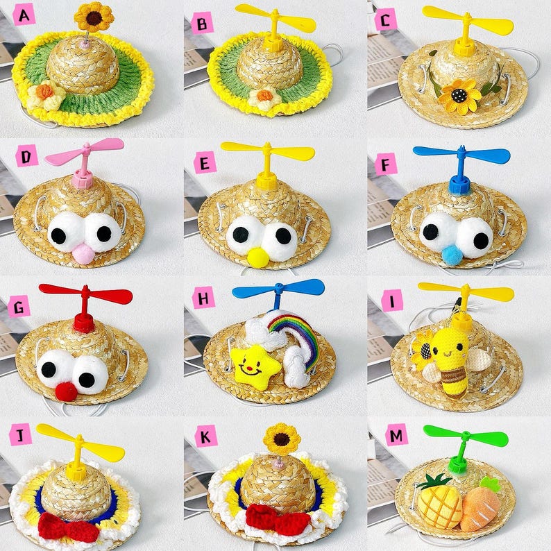 May include: A collection of straw hats with various decorative elements. Each hat features a propeller on top and is adorned with details like flowers, cartoon eyes, and a bee. The hats are designed with a crocheted brim in various colors.