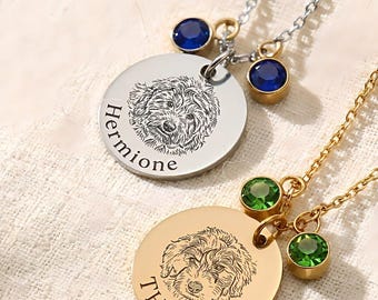 Aangepaste vacht baby portret ketting met geboortestenen, gegraveerde hond foto schijf sieraden, meerdere huisdieren gedenkteken aandenken, hond moeder cadeau