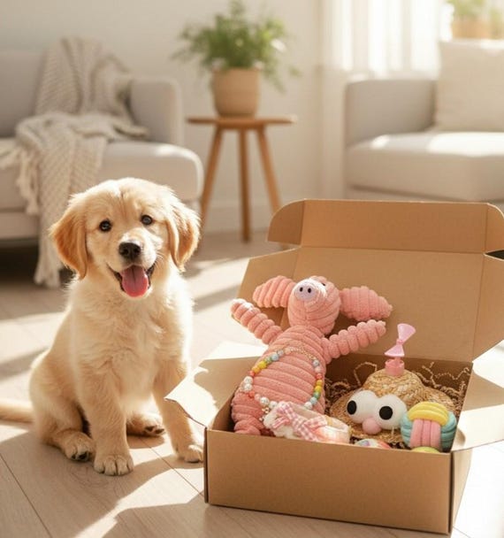 Dog Gift Box: Squeaky Plush Toy, Hat, Balls & Knitted Collar