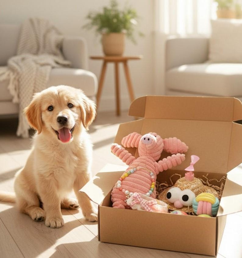 May include: A golden retriever puppy sits beside an open cardboard box filled with dog toys. The toys include a pink plush pig, a straw hat with large eyes, and other colorful items. The dog has its tongue out.