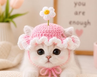 Chapéu de crochê para gato com flor, chapéu de sol floral para cachorro, acessório fofo para fotos de filhotes, acessório de tricô para animais de estimação, acessórios para cães pequenos, presente para mãe de gato, gatinho